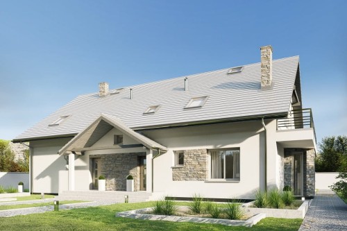 Projekt domu Etulo DM-6729, dwulokalowy, parterowy z poddaszem użytkowym, niepodpiwniczony, bez garażu - kolorystyka wersja 1