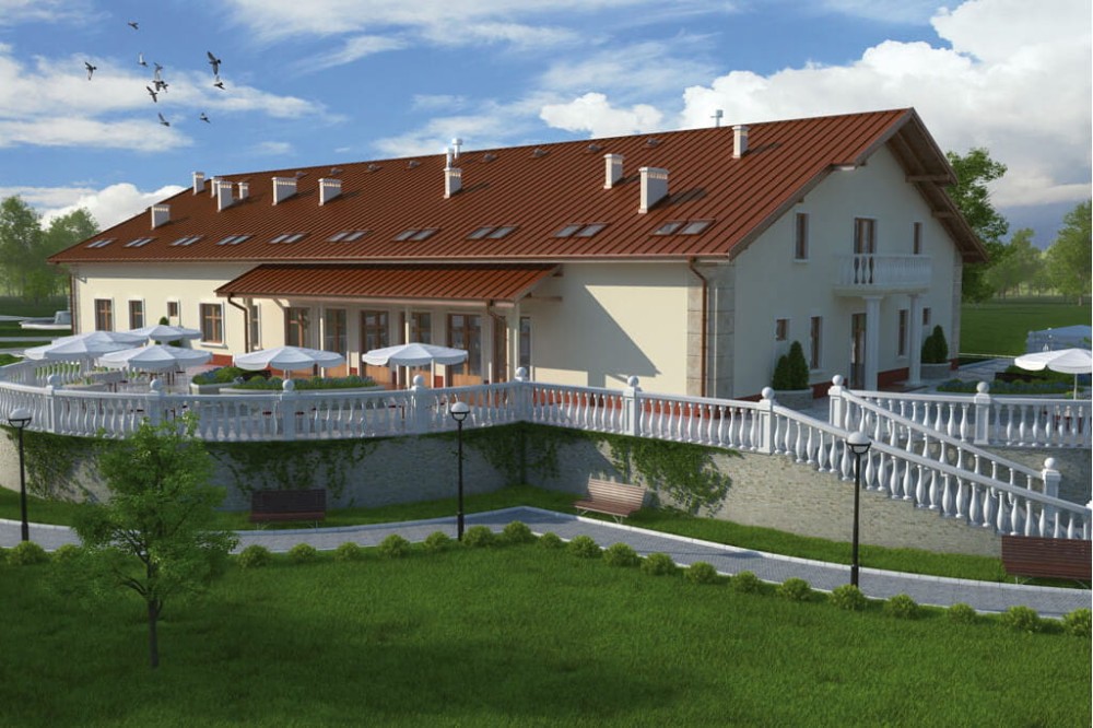 Projekt pensjonatu LK-31,  parterowy z poddaszem użytkowym, bez podpiwniczenia, bez garażu - kolorystyka wersja 4
