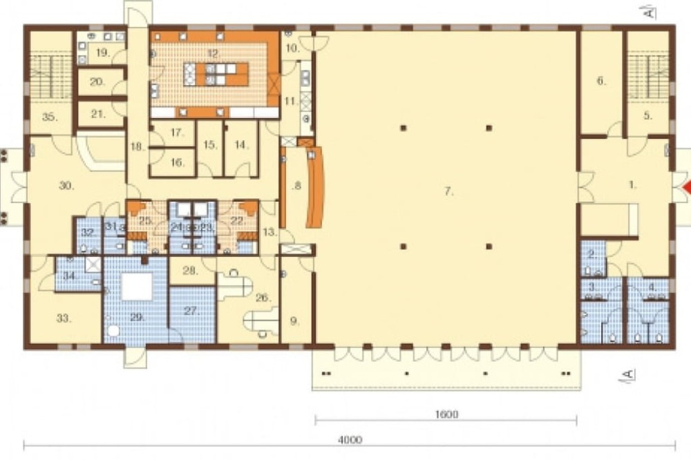 Projekt pensjonatu LK-31,  parterowy z poddaszem użytkowym, bez podpiwniczenia, bez garażu - rzut parteru