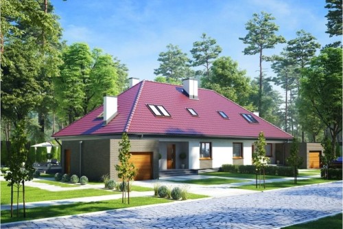 Projekt domu Jastruń 2 L-6540, parterowy z poddaszem użytkowym, dwurodzinny, w zabudowie bliźniaczej, z garażem, bez podpiwniczenia - kolorystyka wersja 1