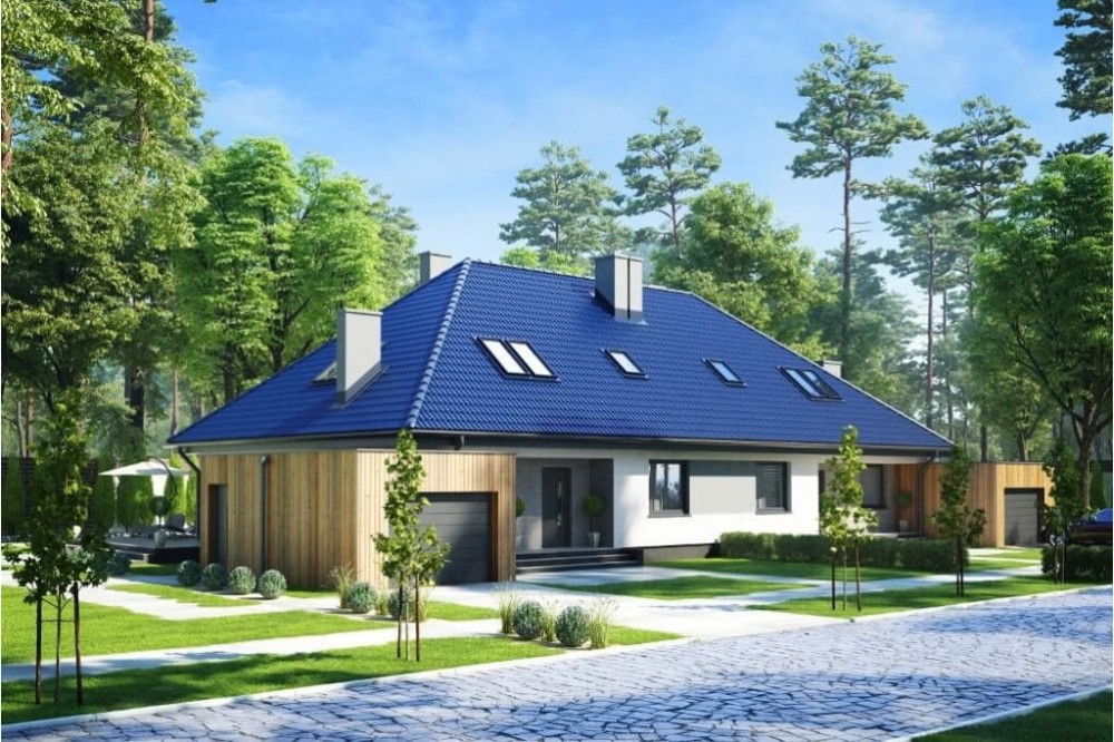 Projekt domu Jastruń 2 L-6540, parterowy z poddaszem użytkowym, dwurodzinny, w zabudowie bliźniaczej, z garażem, bez podpiwniczenia - kolorystyka wersja 4