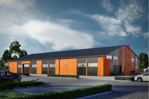Projekt hali magazynowej LK-95, parterowa z częściowym poddaszem użytkowym, niepodpiwniczona - kolorystyka wersja 1