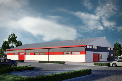 Projekt hali magazynowej LK-95, parterowa z częściowym poddaszem użytkowym, niepodpiwniczona - kolorystyka wersja 2