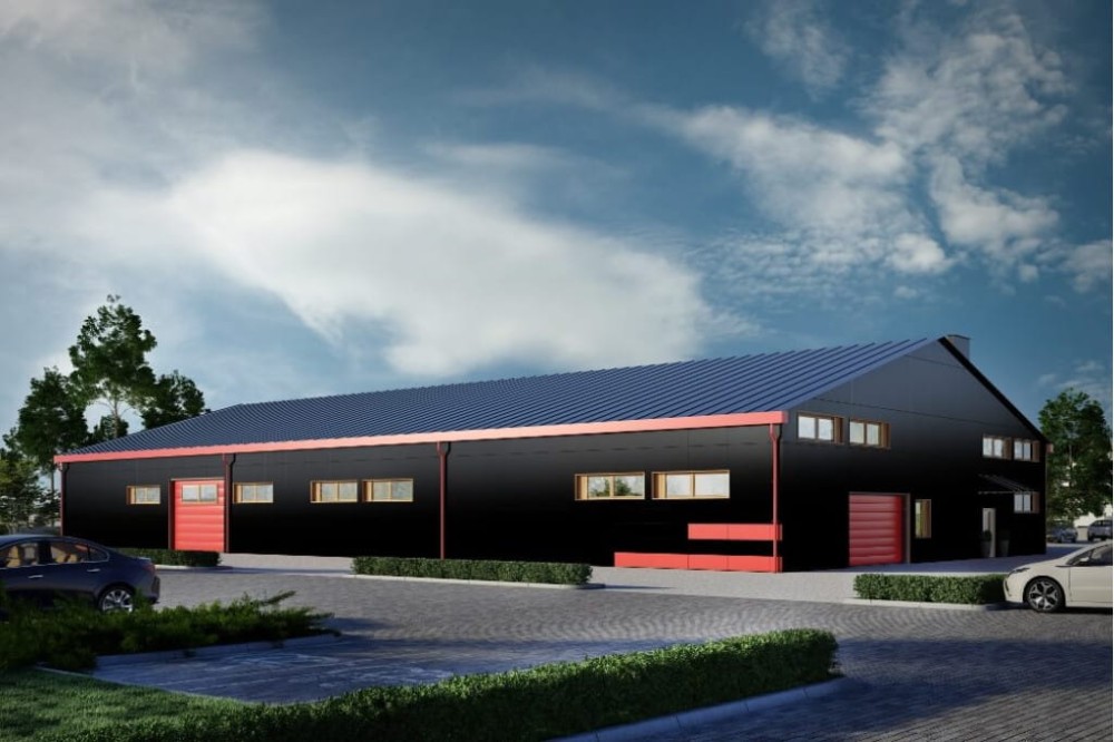 Projekt hali magazynowej LK-95, parterowa z częściowym poddaszem użytkowym, niepodpiwniczona - kolorystyka wersja 3