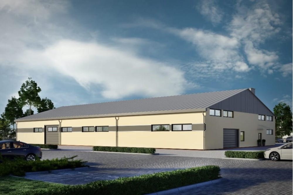 Projekt hali magazynowej LK-95, parterowa z częściowym poddaszem użytkowym, niepodpiwniczona - kolorystyka wersja 4