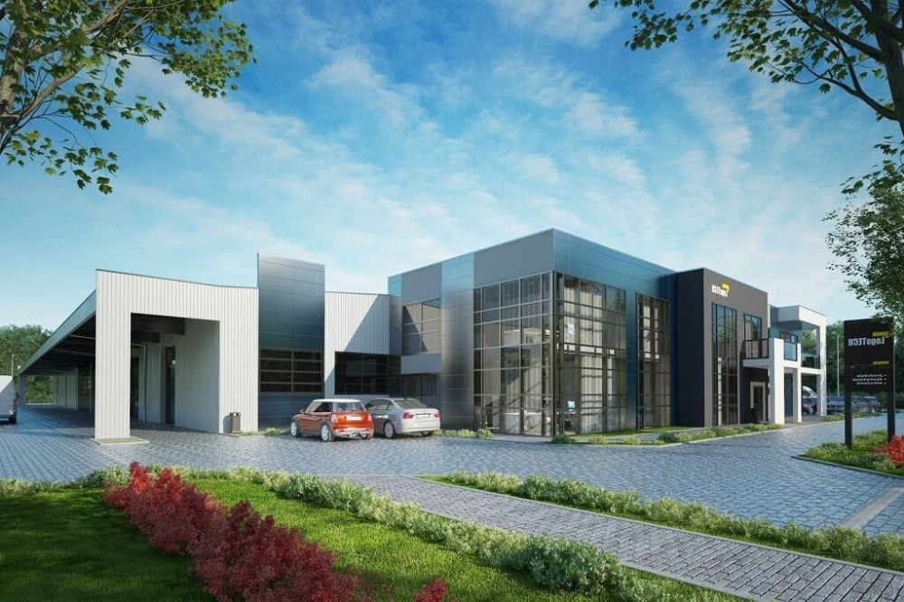 Projekt budynku produkcyjno - biurowego LK-117, niepodpiwniczony, składający się z dwóch części hali produkcyjnej i części biurowej-kolorystyka wersja 1