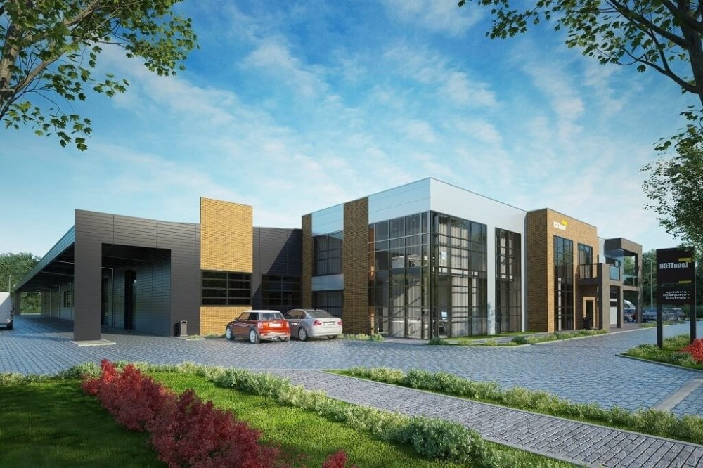 Projekt budynku produkcyjno - biurowego LK-117, niepodpiwniczony, składający się z dwóch części hali produkcyjnej i części biurowej-kolorystyka wersja 2