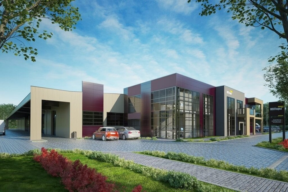 Projekt budynku produkcyjno - biurowego LK-117, niepodpiwniczony, składający się z dwóch części hali produkcyjnej i części biurowej-kolorystyka wersja 3