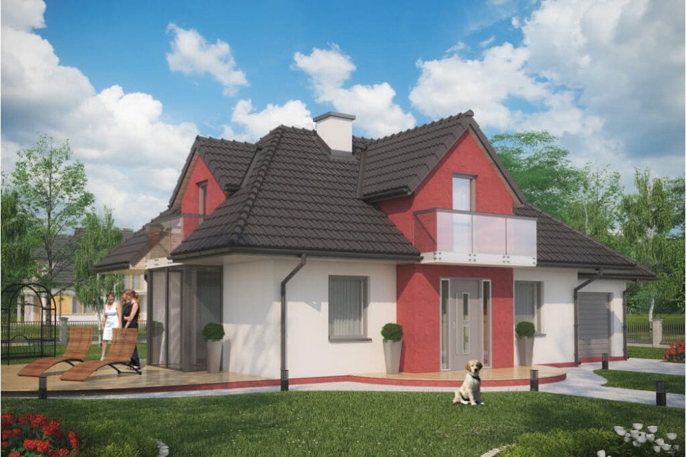 Projekt domu Śnieżyn DM-6346, parterowy z garażem, z poddaszem mieszkalnym, bez podpiwniczenia - kolorystyka wersja 1