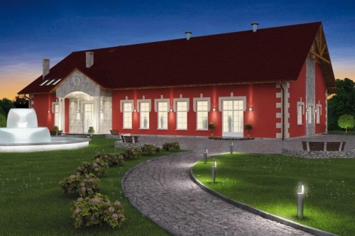 Projekt restauracji LK-24 B, parterowy z antresolą, niepodpiwniczony, bez garażu - kolorystyka wersja 1