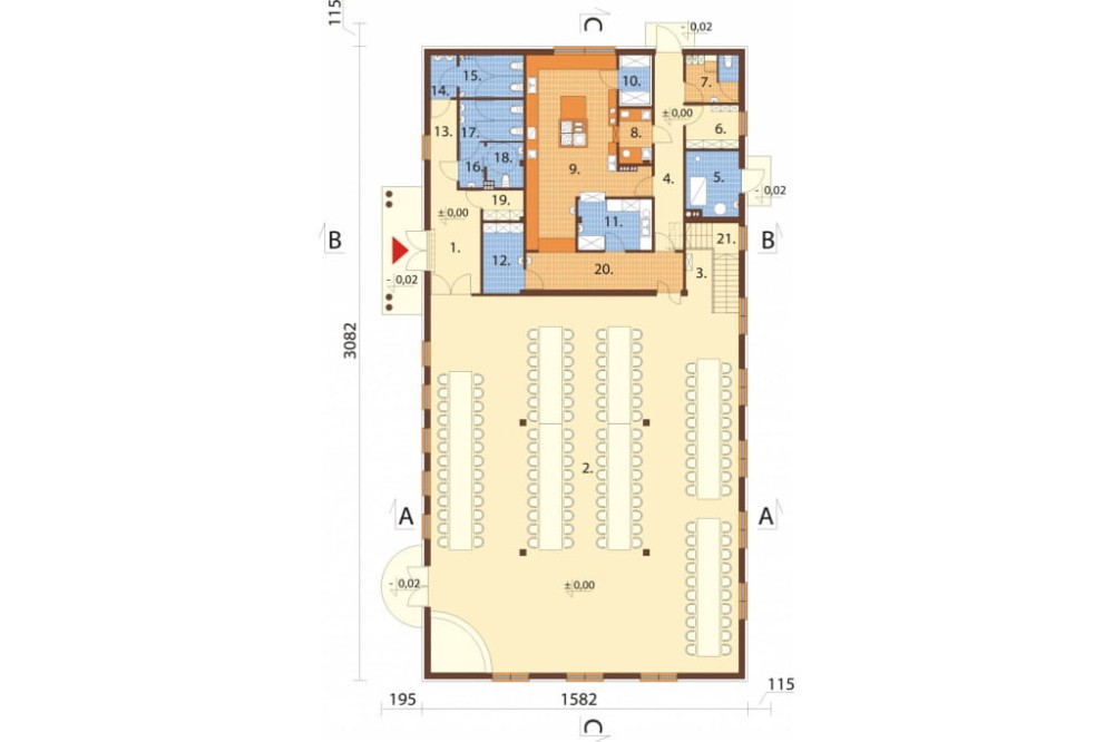 Projekt restauracji LK-24 B, parterowy z antresolą, niepodpiwniczony, bez garażu - rzut parteru