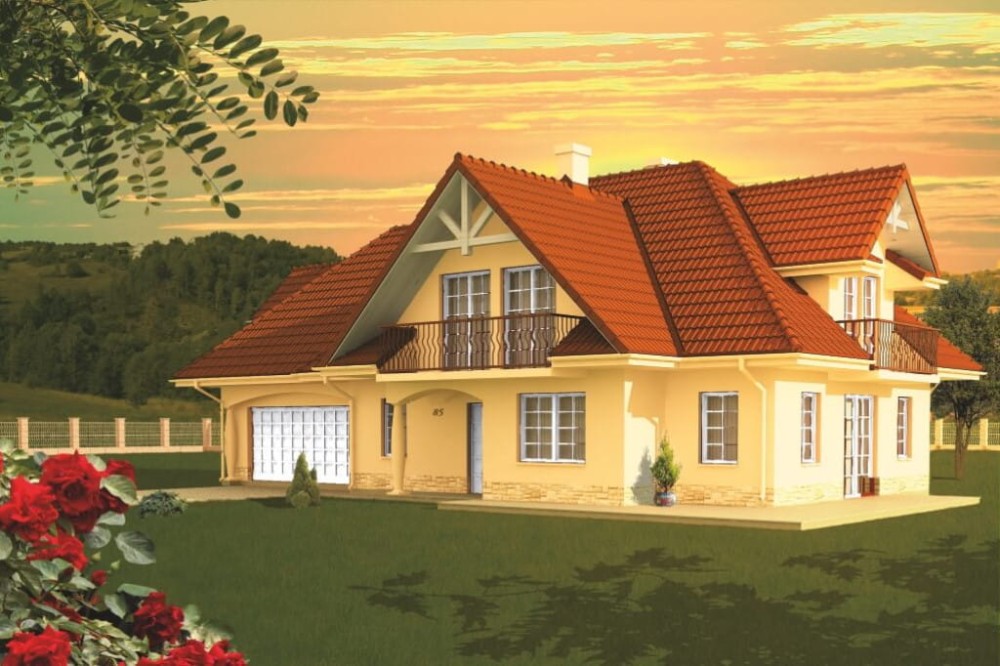 Projekt domu Narew DM-6350 B, parterowy z garażem dwustanowiskowym, z poddaszem mieszkalnym, częściowo podpiwniczony - kolorystyka wersja 2