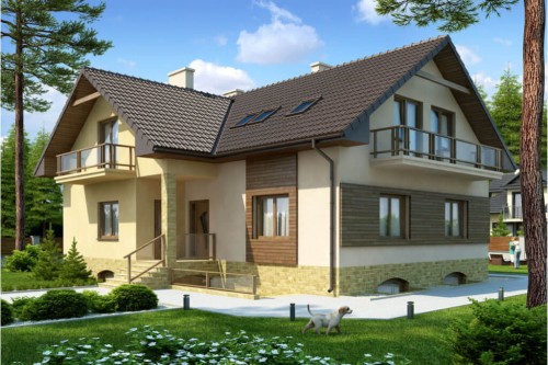 Projekt domu Konradów DM-6327, jednorodzinny, parterowy z poddaszem mieszkalnym, podpiwniczony - kolorystyka wersja 1