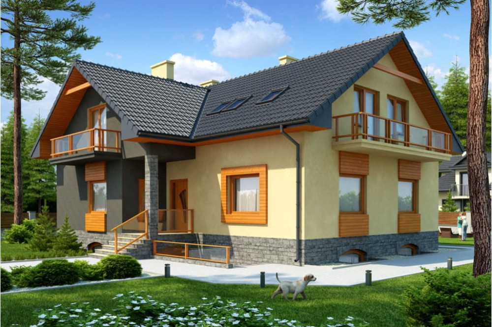 Projekt domu Konradów DM-6327, jednorodzinny, parterowy z poddaszem mieszkalnym, podpiwniczony - kolorystyka wersja 2