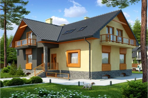 Projekt domu Konradów DM-6327, jednorodzinny, parterowy z poddaszem mieszkalnym, podpiwniczony - kolorystyka wersja 2