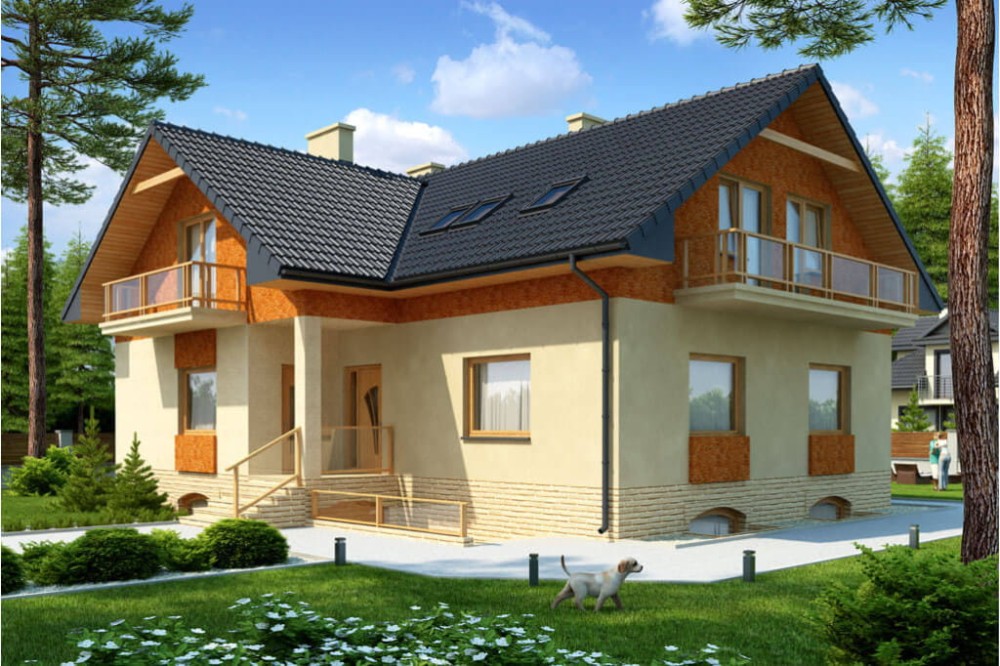 Projekt domu Konradów DM-6327, jednorodzinny, parterowy z poddaszem mieszkalnym, podpiwniczony - kolorystyka wersja 4