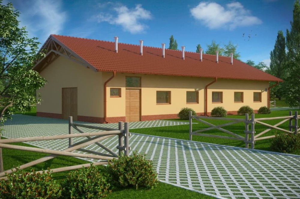 Projekt obory ZG-83, parterowy, niepodpiwniczony, bez poddasza - kolorystyka wersja 3