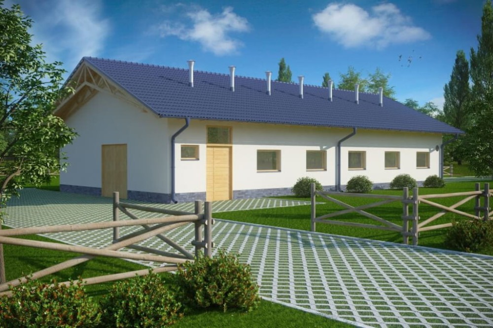 Projekt obory ZG-83, parterowy, niepodpiwniczony, bez poddasza - kolorystyka wersja 4