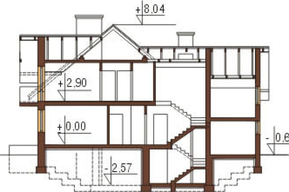 Projekt domu Osiecko L-6236, parterowy z poddaszem użytkowym, z podpiwniczeniem, z dwoma garażami, tradycyjny - przekrój A-A