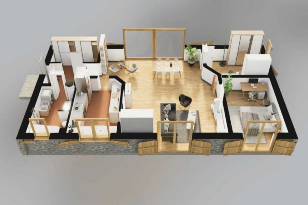 Projekt domu Tingo DM-6840, parterowy, bez garażu, bez podpiwniczenia - rzut 3D parteru
