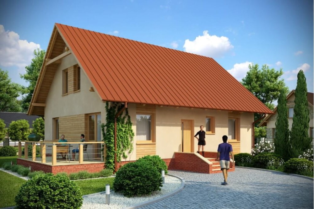 Projekt domu Kazimierzów N DM-6164 N,  parterowy z poddaszem mieszkalnym, z garażem, podpiwniczony - kolorystyka wersja 4
