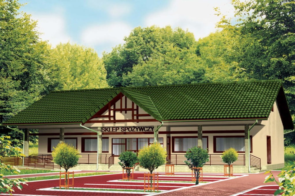 Projekt sklepu LK-06, budynek parterowy, podpiwniczony - kolorystyka wersja 3