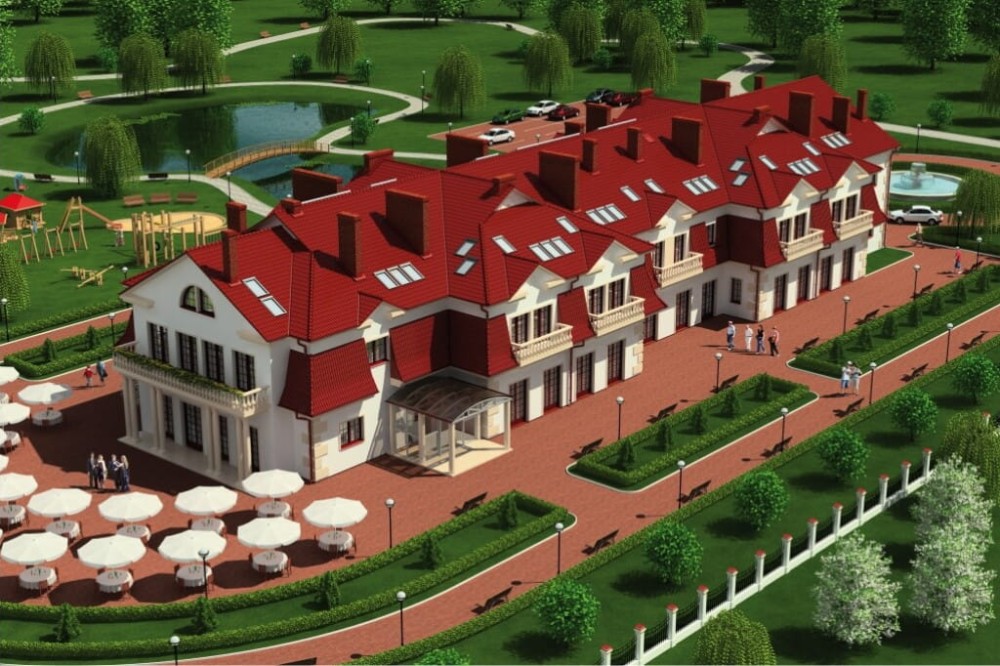 Projekt hotelu LK-21, budynek piętrowy z poddaszem użytkowym, bez podpiwniczenia - kolorystyka wersja 1