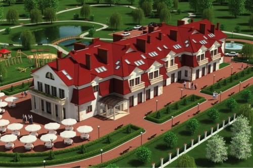 Projekt hotelu LK-21, budynek piętrowy z poddaszem użytkowym, bez podpiwniczenia - kolorystyka wersja 1