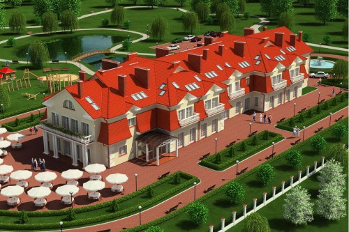 Projekt hotelu LK-21, budynek piętrowy z poddaszem użytkowym, bez podpiwniczenia - kolorystyka wersja 2