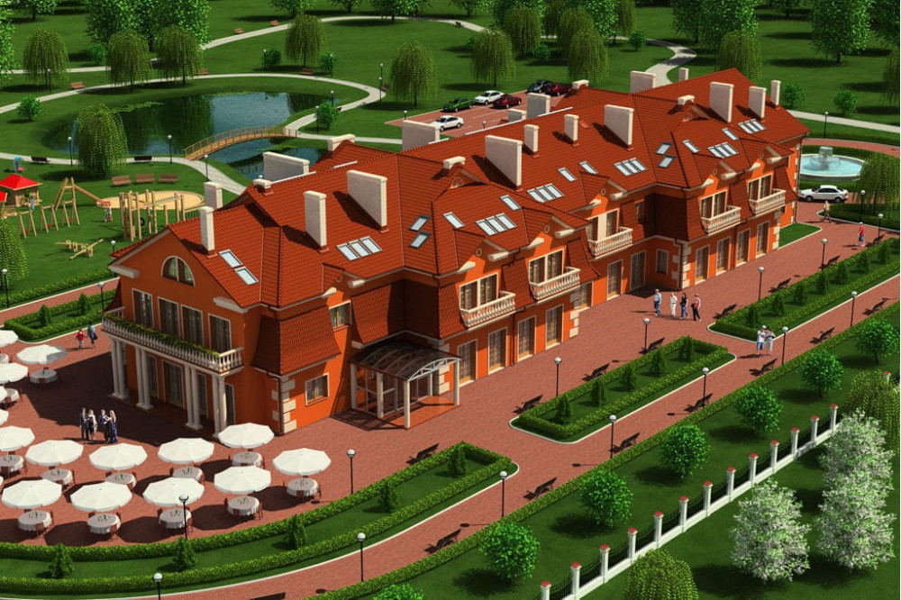 Projekt hotelu LK-21, budynek piętrowy z poddaszem użytkowym, bez podpiwniczenia - kolorystyka wersja 4