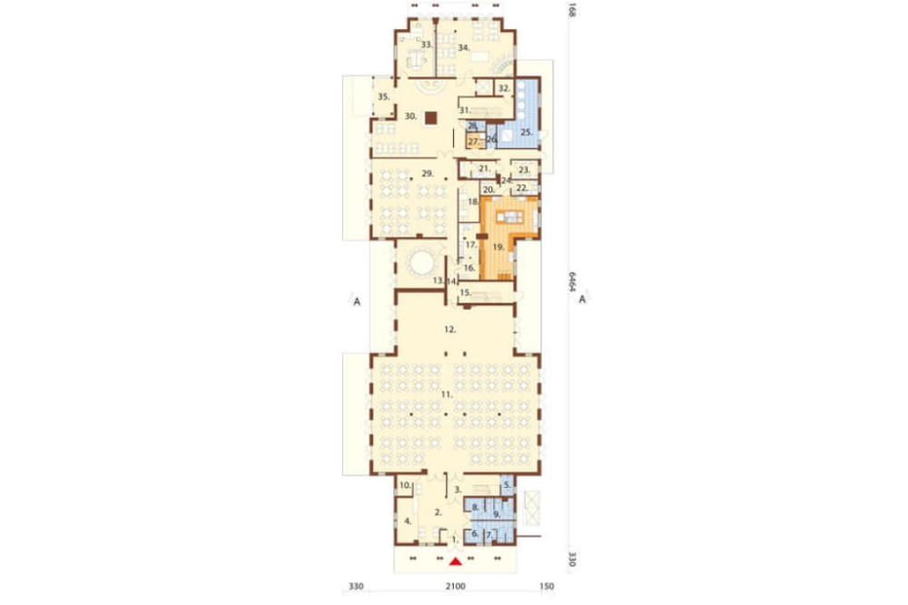 Projekt hotelu LK-21, budynek piętrowy z poddaszem użytkowym, bez podpiwniczenia - rzut parteru