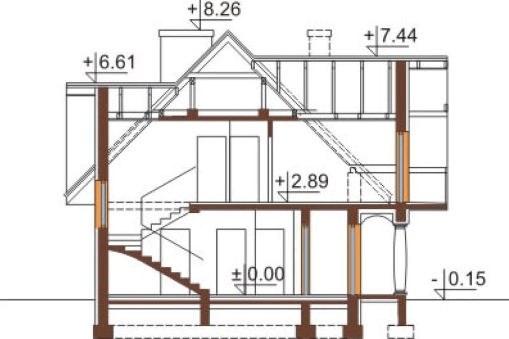 Projekt domu Czułów 2 L-6350, parterowy z poddaszem mieszkalnym, z garażem dwustanowiskowym, bez podpiwniczenia - przekrój A-A