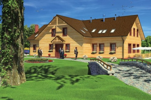 Projekt restauracji LK-18, budynek parterowy z poddaszem użytkowym, częściowo podpiwniczony - kolorystyka wersja 1