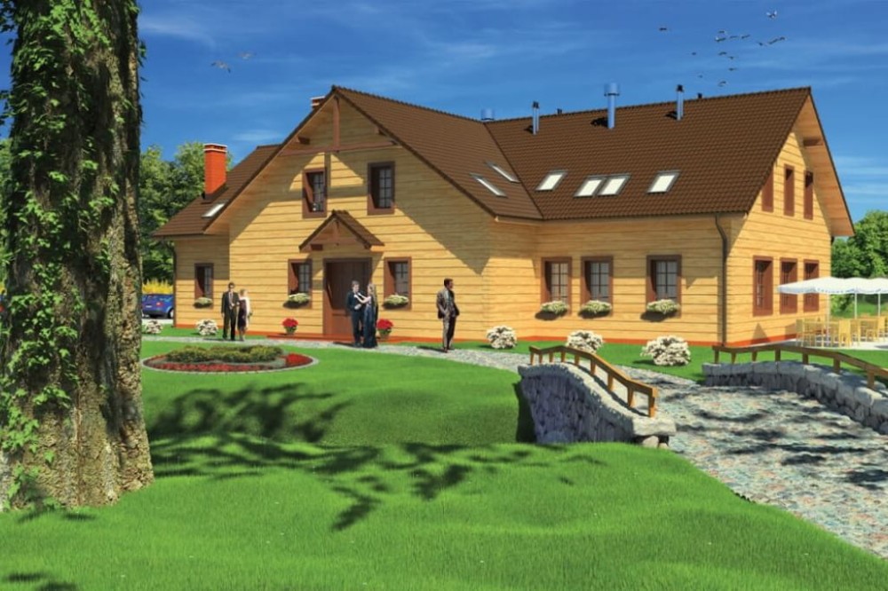 Projekt restauracji LK-18, budynek parterowy z poddaszem użytkowym, częściowo podpiwniczony - kolorystyka wersja 3