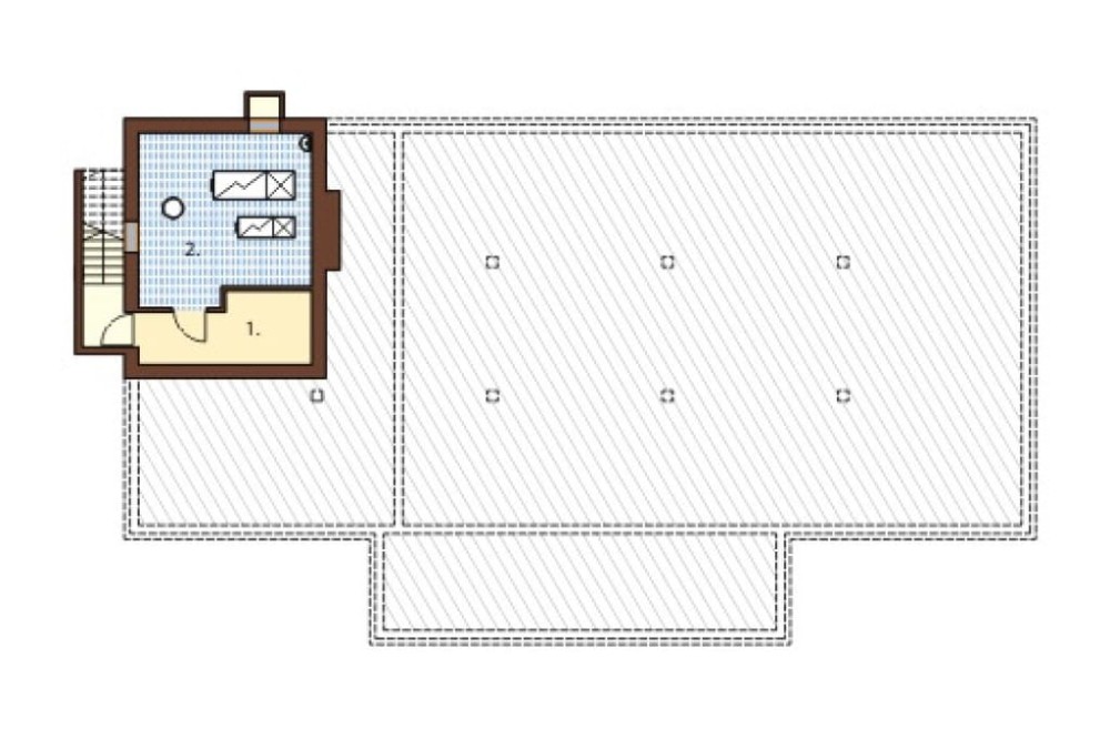 Projekt restauracji LK-18, budynek parterowy z poddaszem użytkowym, częściowo podpiwniczony - rzut piwnicy