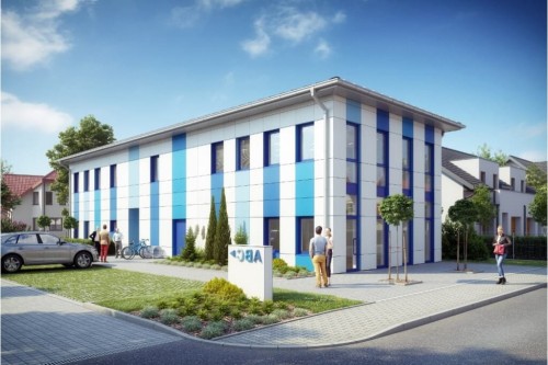 Projekt budynku handlowo-magazynowo-biurowego LK-71, piętrowy, bez podpiwniczenia, z garażem - kolorystyka wersja 2