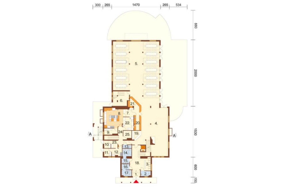 Projekt hotelu LK-12, budynek piętrowy z poddaszem użytkowym, częściowo podpiwniczony - rzut parteru