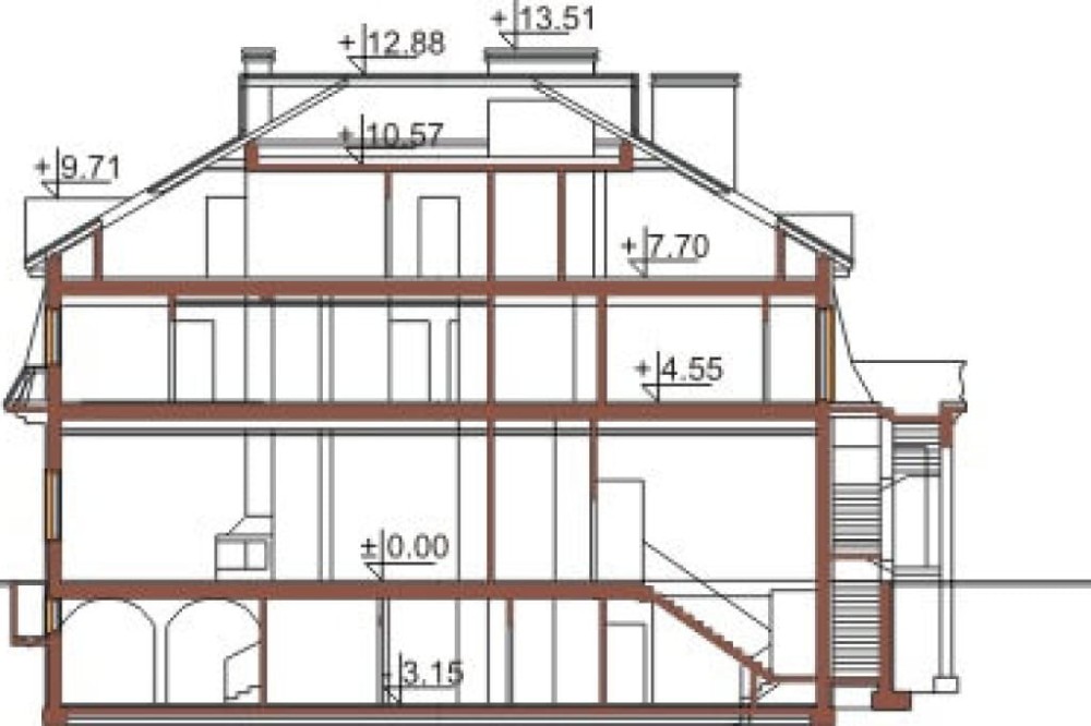 Projekt hotelu LK-12, budynek piętrowy z poddaszem użytkowym, częściowo podpiwniczony - przekrój A-A