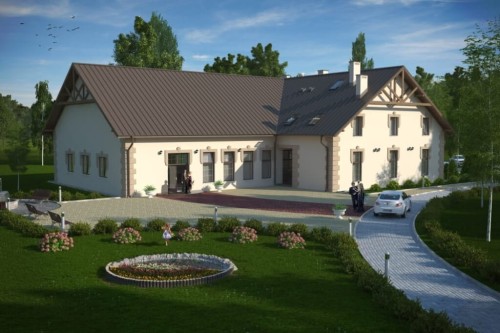 Projekt budynku agroturystycznego LK-37, parterowy z poddaszem użytkowym, bez podpiwniczenia, bez garażu - kolorystyka wersja 1