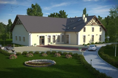 Projekt budynku agroturystycznego LK-37, parterowy z poddaszem użytkowym, bez podpiwniczenia, bez garażu - kolorystyka wersja 2