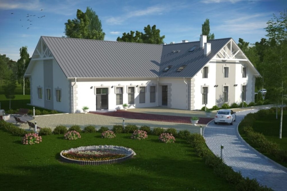 Projekt budynku agroturystycznego LK-37, parterowy z poddaszem użytkowym, bez podpiwniczenia, bez garażu - kolorystyka wersja 3