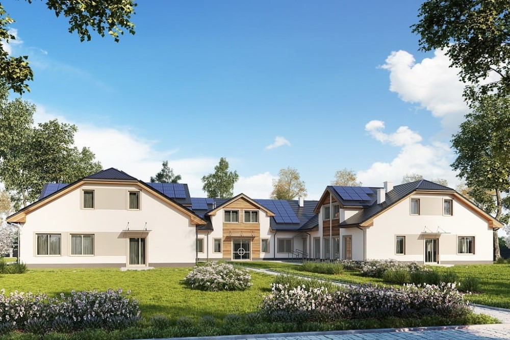 Projekt domu opieki dla osób starszych  K-121, niepodpiwniczony i bez garażu-kolorystyka wersja 3