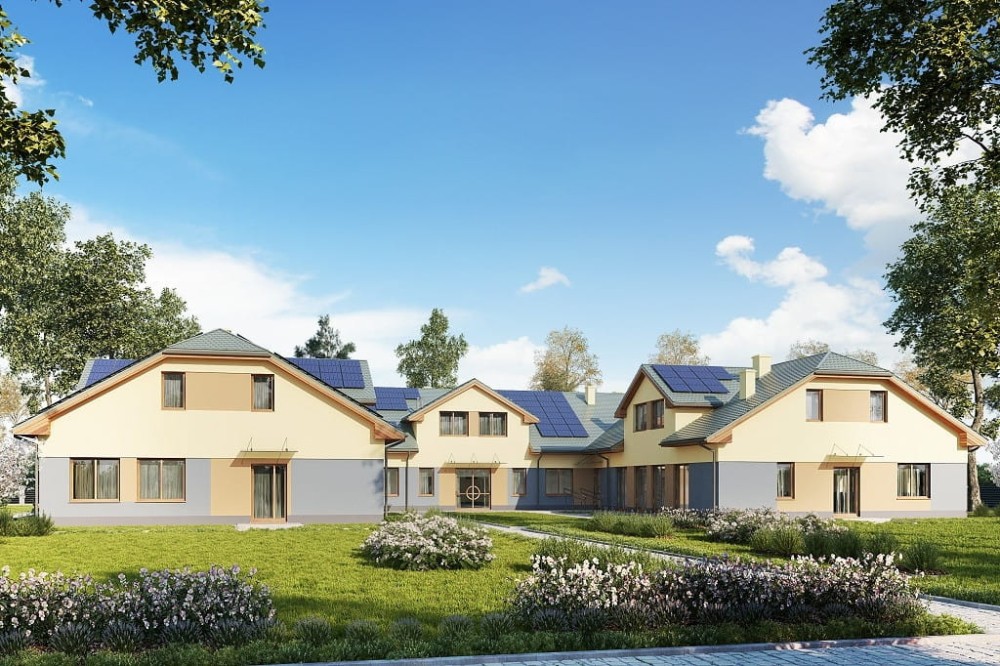 Projekt domu opieki dla osób starszych  K-121, niepodpiwniczony i bez garażu-kolorystyka wersja 4