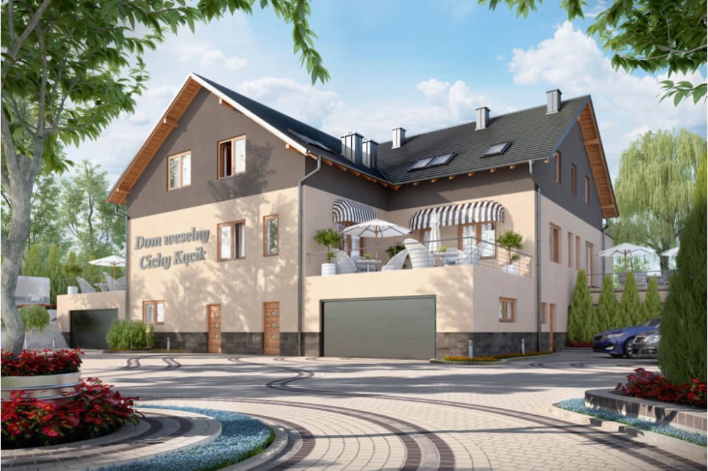 Projekt budynku gastronomicznego z zapleczem noclegowym i mieszkaniem właściciela LK-58, parterowy poddaszem użytkowym, podpiwniczony z dwoma garażami - kolorystyka wersja 1