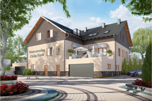 Projekt budynku gastronomicznego z zapleczem noclegowym i mieszkaniem właściciela LK-58, parterowy poddaszem użytkowym, podpiwniczony z dwoma garażami - kolorystyka wersja 1