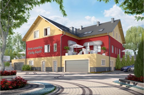 Projekt budynku gastronomicznego z zapleczem noclegowym i mieszkaniem właściciela LK-58, parterowy poddaszem użytkowym, podpiwniczony z dwoma garażami - kolorystyka wersja 2