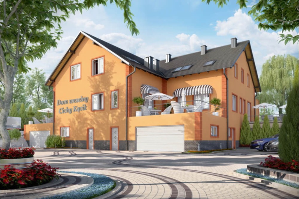 Projekt budynku gastronomicznego z zapleczem noclegowym i mieszkaniem właściciela LK-58, parterowy poddaszem użytkowym, podpiwniczony z dwoma garażami - kolorystyka wersja 3