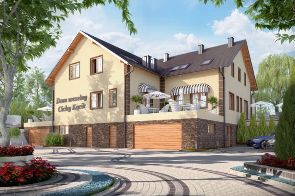 Projekt budynku gastronomicznego z zapleczem noclegowym i mieszkaniem właściciela LK-58, parterowy poddaszem użytkowym, podpiwniczony z dwoma garażami - kolorystyka wersja 4