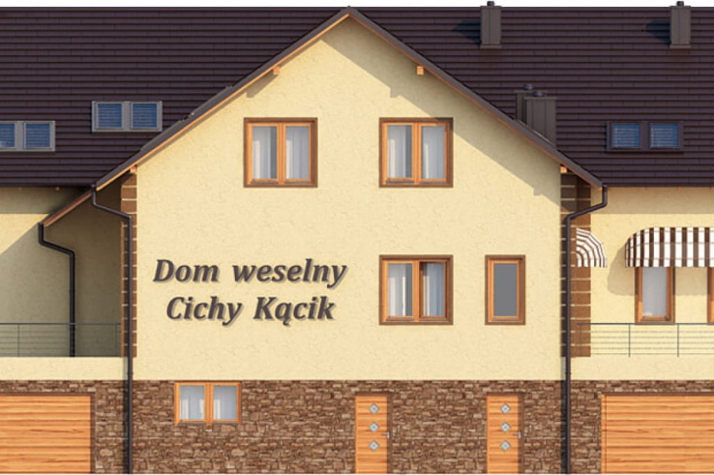 Projekt budynku gastronomicznego z zapleczem noclegowym i mieszkaniem właściciela LK-58, parterowy poddaszem użytkowym, podpiwniczony z dwoma garażami - elewacja frontowa