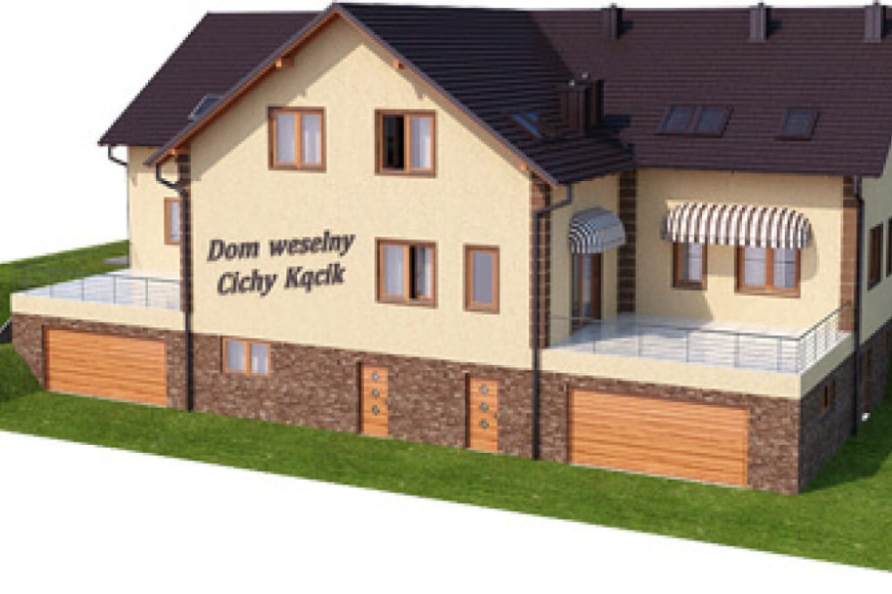 Projekt budynku gastronomicznego z zapleczem noclegowym i mieszkaniem właściciela LK-58, parterowy poddaszem użytkowym, podpiwniczony z dwoma garażami - model